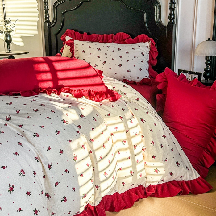 91家纺网 家纺一手货源 找家纺 （总）金盛皇朝家纺 2026新款仿棉皱皱纱双层纱木棉仿棉水洗棉喜庆浪漫大红四件套-红韵系列