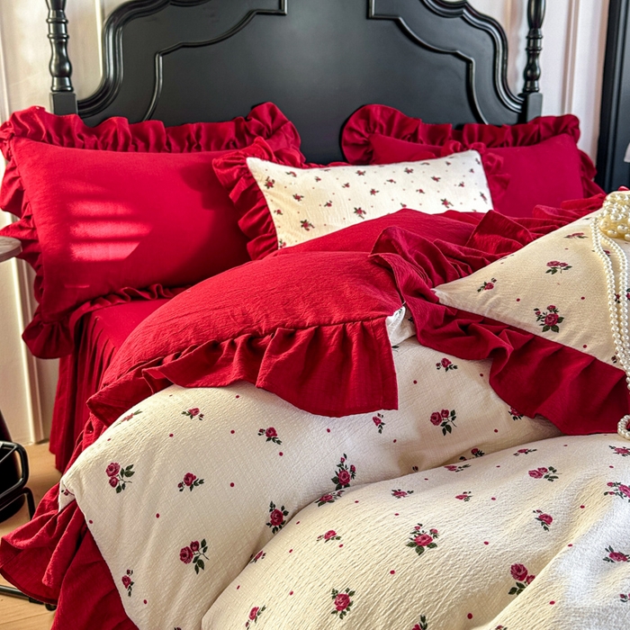 91家纺网 家纺一手货源 找家纺 （总）金盛皇朝家纺 2026新款仿棉皱皱纱双层纱木棉仿棉水洗棉喜庆浪漫大红四件套-红韵系列