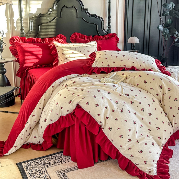 91家纺网 家纺一手货源 找家纺 （总）金盛皇朝家纺 2026新款仿棉皱皱纱双层纱木棉仿棉水洗棉喜庆浪漫大红四件套-红韵系列