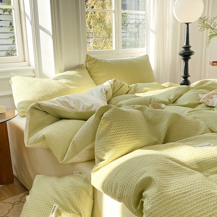 91家纺网 家纺一手货源 找家纺 眠博士2026新款简约时尚全棉华夫格四件套（提供买家秀）简约款 果绿