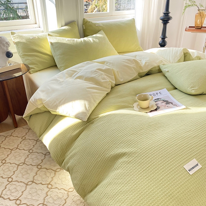 91家纺网 家纺一手货源 找家纺 眠博士2026新款简约时尚全棉华夫格四件套（提供买家秀）简约款 果绿