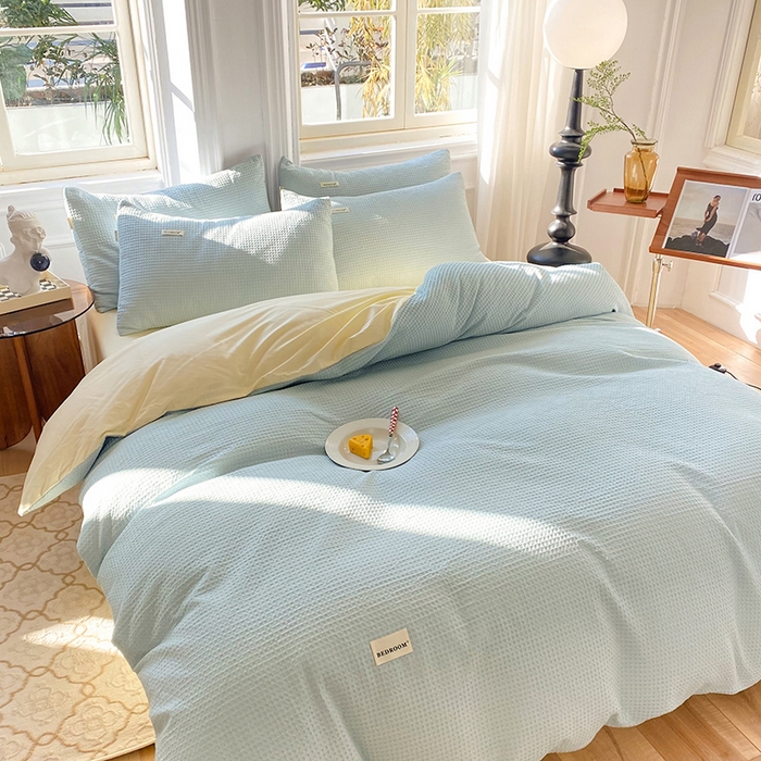 91家纺网 家纺一手货源 找家纺 眠博士2026新款简约时尚全棉华夫格四件套（提供买家秀）简约款 蓝奶黄