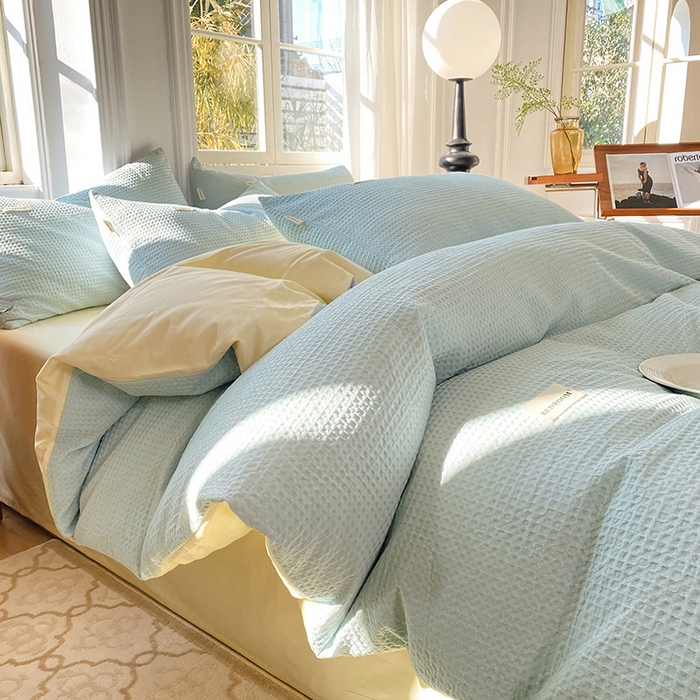 眠博士 2026新款简约时尚全棉华夫格四件套（提供买家秀）简约款 蓝奶黄