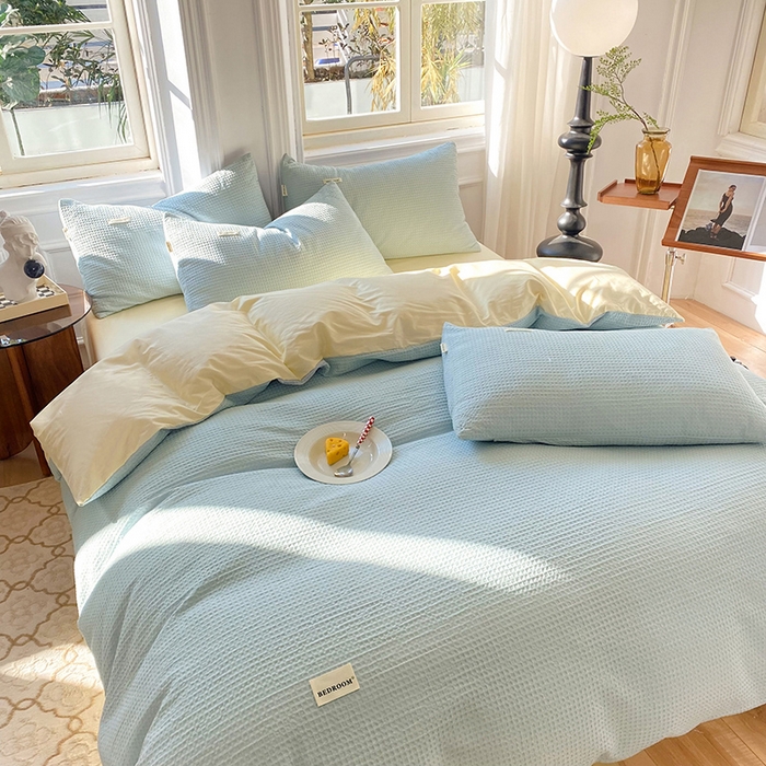 91家纺网 家纺一手货源 找家纺 眠博士2026新款简约时尚全棉华夫格四件套（提供买家秀）简约款 蓝奶黄