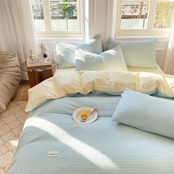 91家纺网 家纺一手货源 找家纺 眠博士2026新款简约时尚全棉华夫格四件套（提供买家秀）简约款 蓝奶黄