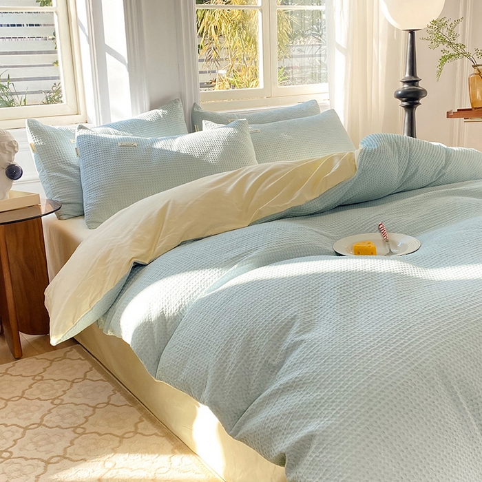 91家纺网 家纺一手货源 找家纺 眠博士2026新款简约时尚全棉华夫格四件套（提供买家秀）简约款 蓝奶黄