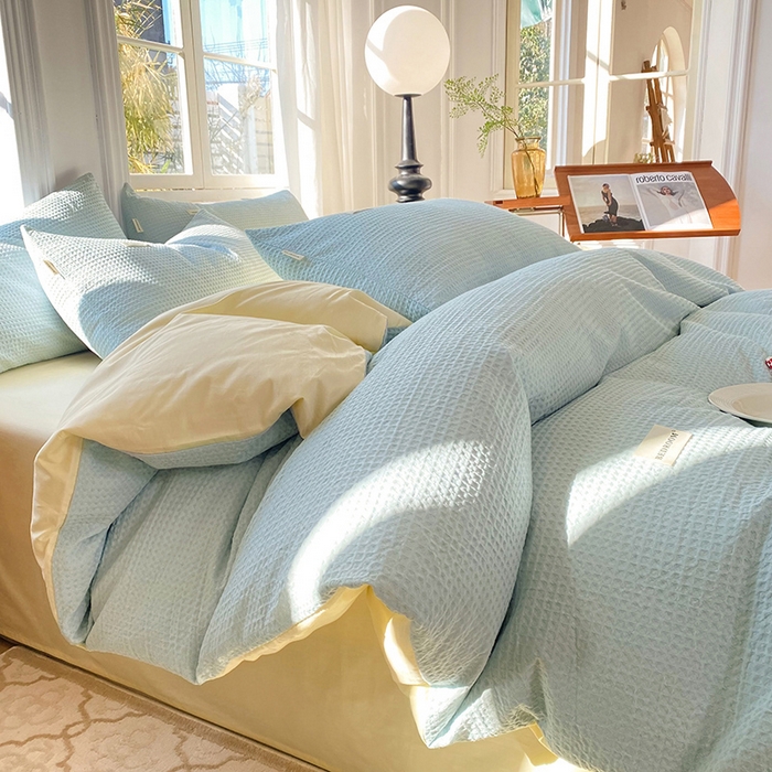 91家纺网 家纺一手货源 找家纺 眠博士2026新款简约时尚全棉华夫格四件套（提供买家秀）简约款 蓝奶黄