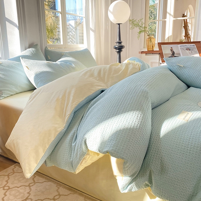 91家纺网 家纺一手货源 找家纺 眠博士2026新款简约时尚全棉华夫格四件套（提供买家秀）简约款 蓝奶黄