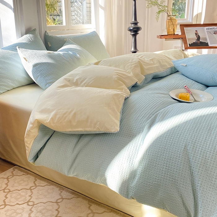 91家纺网 家纺一手货源 找家纺 眠博士2026新款简约时尚全棉华夫格四件套（提供买家秀）简约款 蓝奶黄