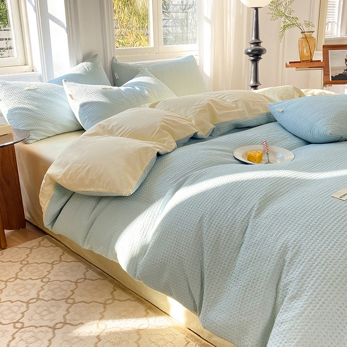 91家纺网 家纺一手货源 找家纺 眠博士2026新款简约时尚全棉华夫格四件套（提供买家秀）简约款 蓝奶黄