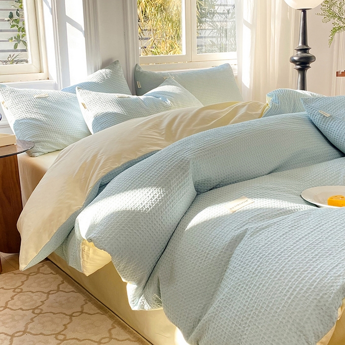 91家纺网 家纺一手货源 找家纺 眠博士2026新款简约时尚全棉华夫格四件套（提供买家秀）简约款 蓝奶黄