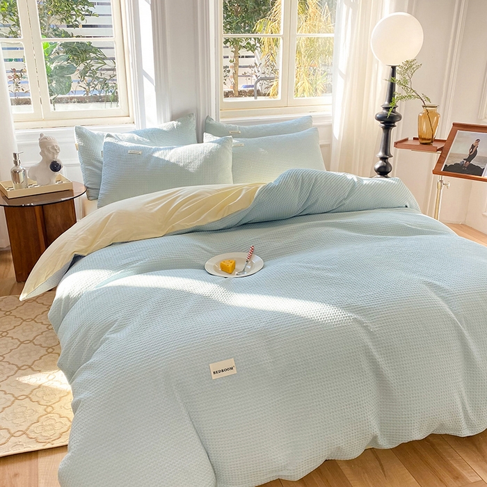 91家纺网 家纺一手货源 找家纺 眠博士2026新款简约时尚全棉华夫格四件套（提供买家秀）简约款 蓝奶黄