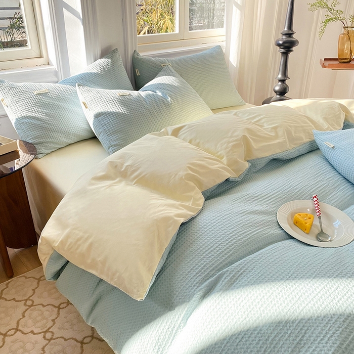 91家纺网 家纺一手货源 找家纺 眠博士2026新款简约时尚全棉华夫格四件套（提供买家秀）简约款 蓝奶黄