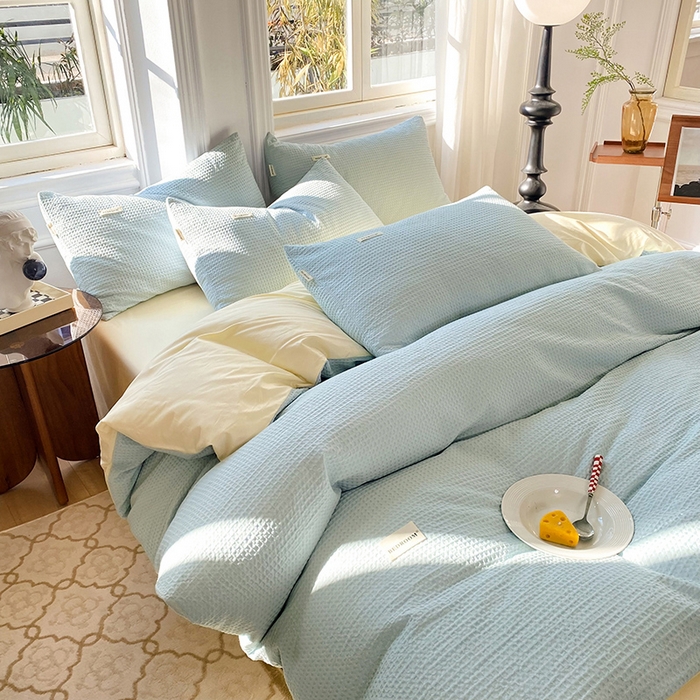 91家纺网 家纺一手货源 找家纺 眠博士2026新款简约时尚全棉华夫格四件套（提供买家秀）简约款 蓝奶黄