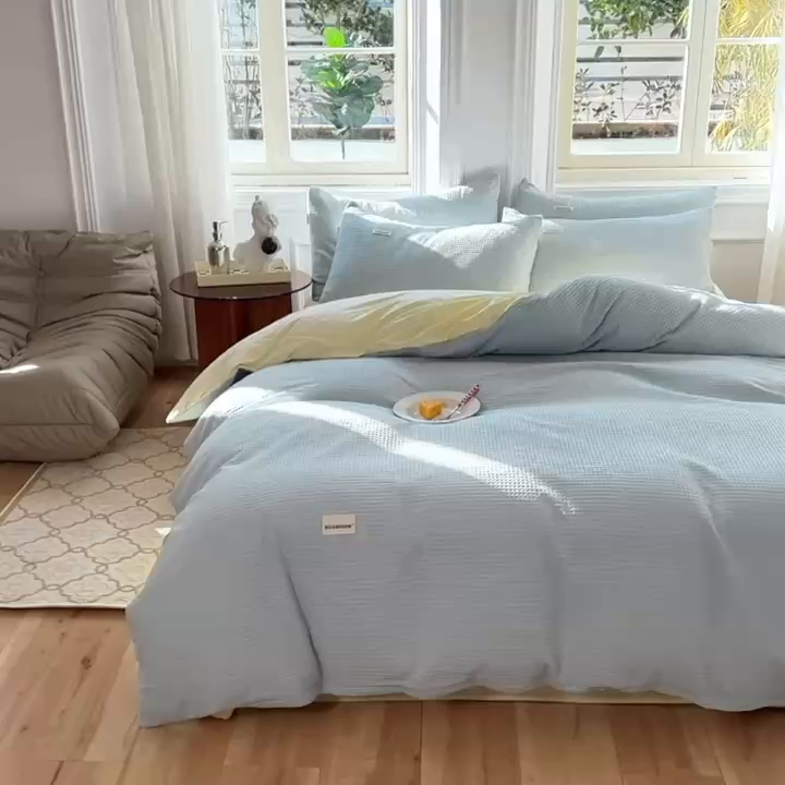 91家纺网 家纺一手货源 找家纺 眠博士2026新款简约时尚全棉华夫格四件套（提供买家秀）简约款 蓝奶黄