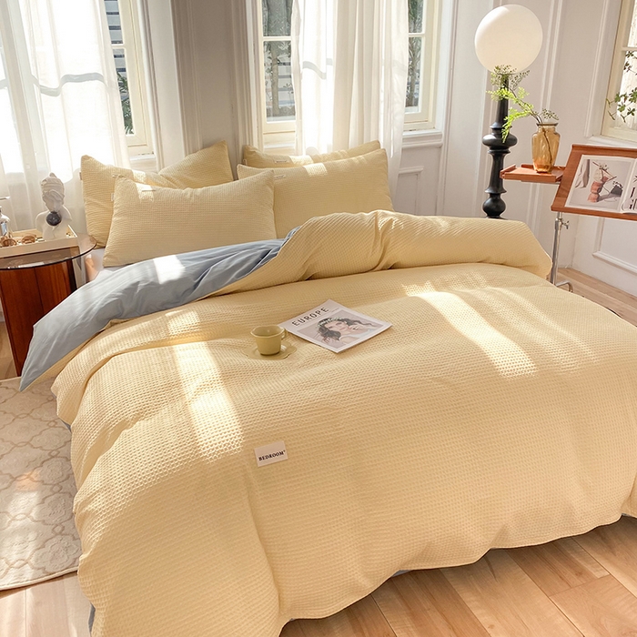 91家纺网 家纺一手货源 找家纺 眠博士2026新款简约时尚全棉华夫格四件套（提供买家秀）简约款 奶黄蓝