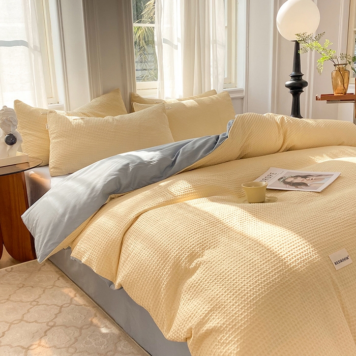 91家纺网 家纺一手货源 找家纺 眠博士2026新款简约时尚全棉华夫格四件套（提供买家秀）简约款 奶黄蓝