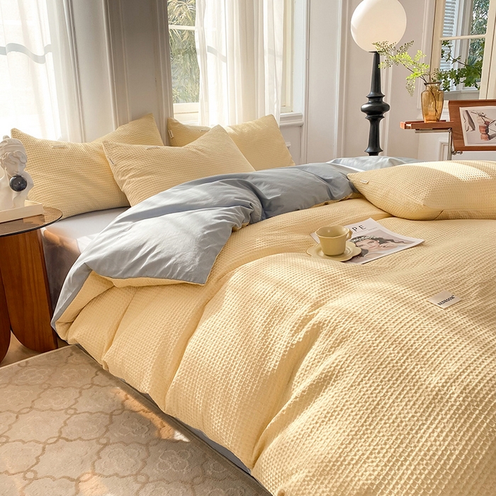 91家纺网 家纺一手货源 找家纺 眠博士2026新款简约时尚全棉华夫格四件套（提供买家秀）简约款 奶黄蓝