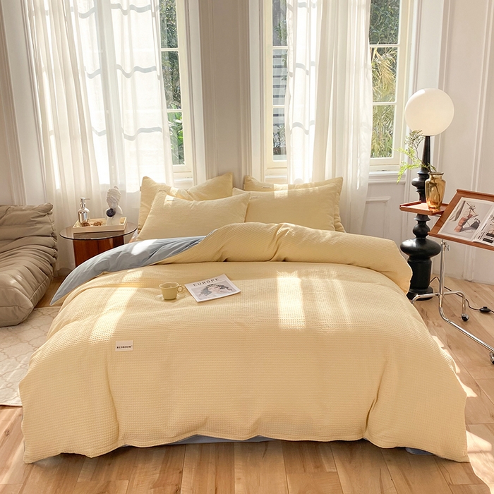 91家纺网 家纺一手货源 找家纺 眠博士2026新款简约时尚全棉华夫格四件套（提供买家秀）简约款 奶黄蓝