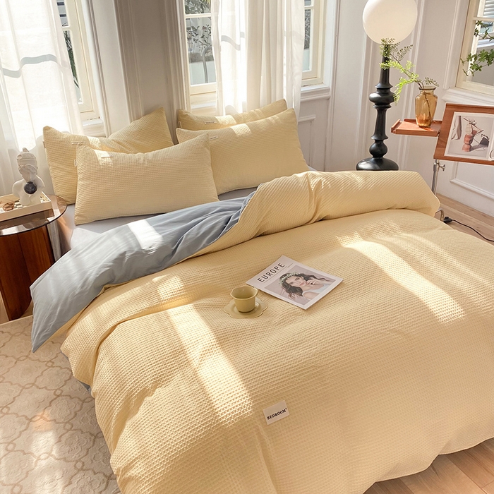 91家纺网 家纺一手货源 找家纺 眠博士2026新款简约时尚全棉华夫格四件套（提供买家秀）简约款 奶黄蓝