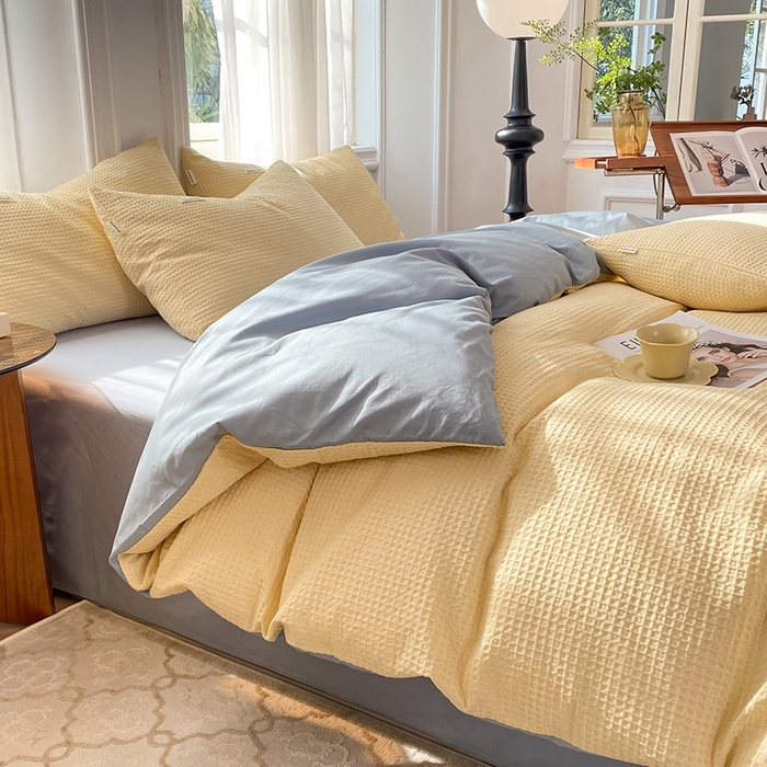 91家纺网 家纺一手货源 找家纺 眠博士2026新款简约时尚全棉华夫格四件套（提供买家秀）简约款 奶黄蓝