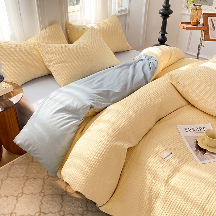 91家纺网 家纺一手货源 找家纺 眠博士2026新款简约时尚全棉华夫格四件套（提供买家秀）简约款 奶黄蓝