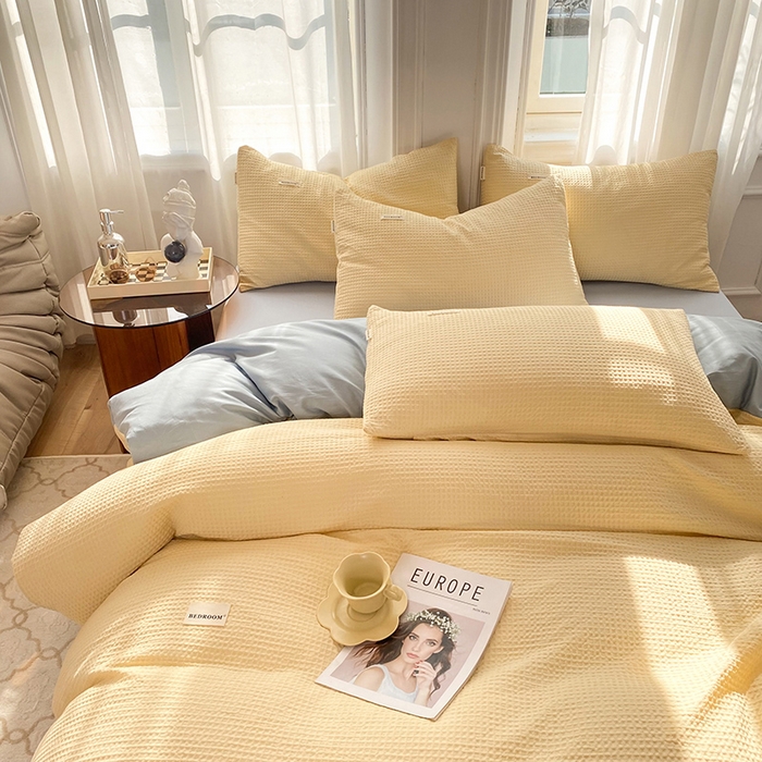 91家纺网 家纺一手货源 找家纺 眠博士2026新款简约时尚全棉华夫格四件套（提供买家秀）简约款 奶黄蓝