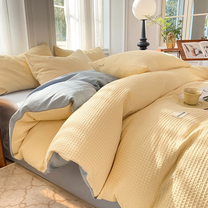 眠博士 2026新款简约时尚全棉华夫格四件套（提供买家秀）简约款 奶黄蓝