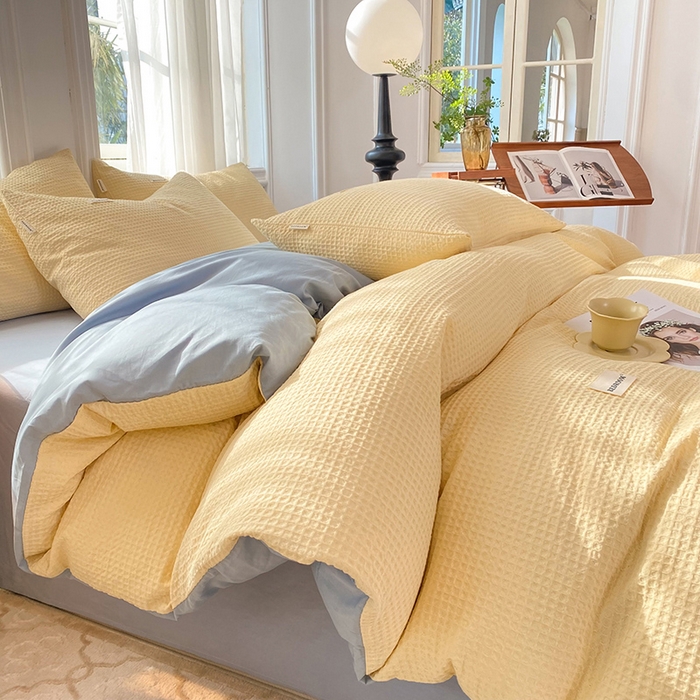 91家纺网 家纺一手货源 找家纺 眠博士2026新款简约时尚全棉华夫格四件套（提供买家秀）简约款 奶黄蓝