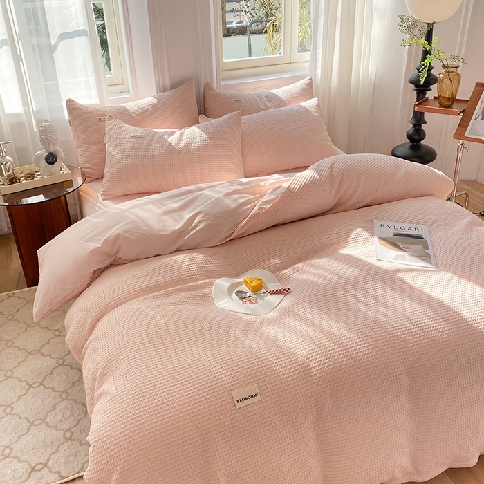 91家纺网 家纺一手货源 找家纺 眠博士2026新款简约时尚全棉华夫格四件套（提供买家秀）简约款 嫩玉粉