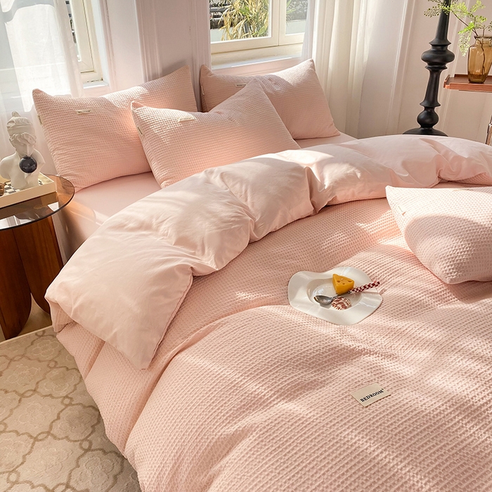 91家纺网 家纺一手货源 找家纺 眠博士2026新款简约时尚全棉华夫格四件套（提供买家秀）简约款 嫩玉粉