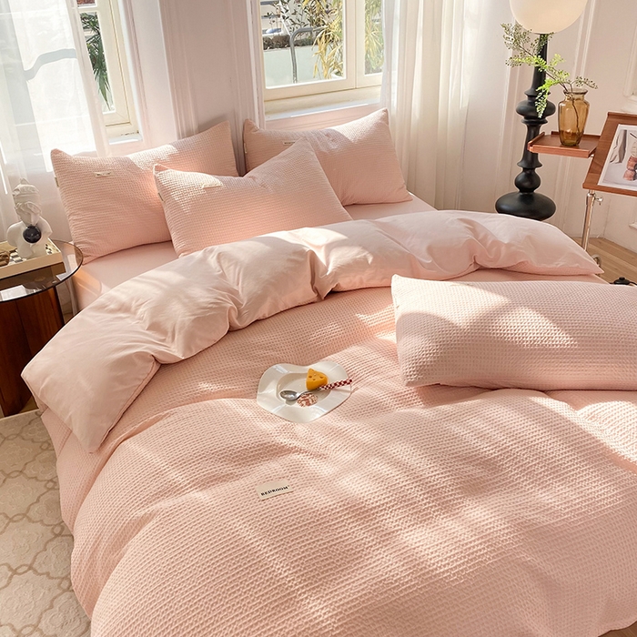 91家纺网 家纺一手货源 找家纺 眠博士2026新款简约时尚全棉华夫格四件套（提供买家秀）简约款 嫩玉粉