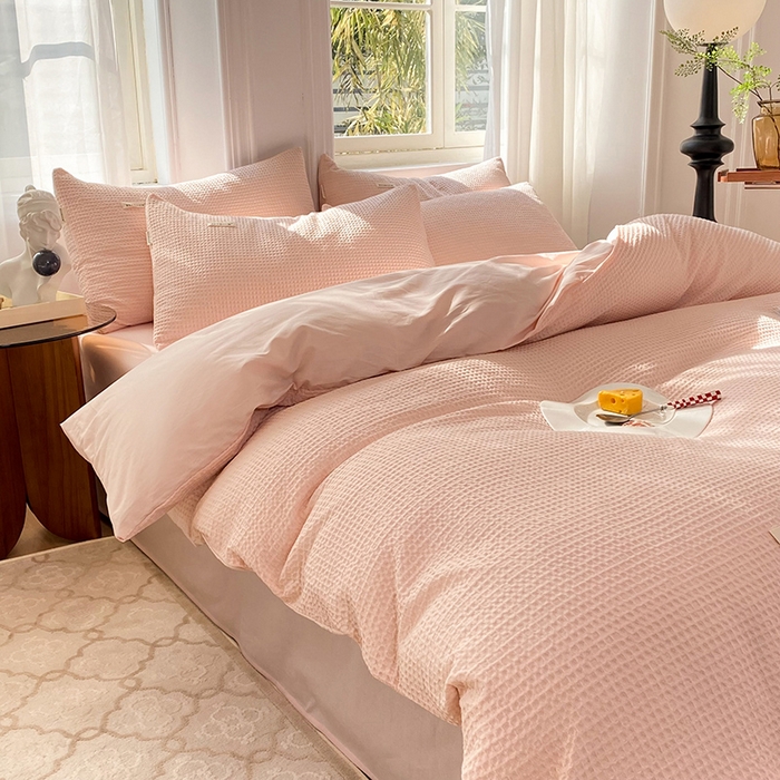 91家纺网 家纺一手货源 找家纺 眠博士2026新款简约时尚全棉华夫格四件套（提供买家秀）简约款 嫩玉粉