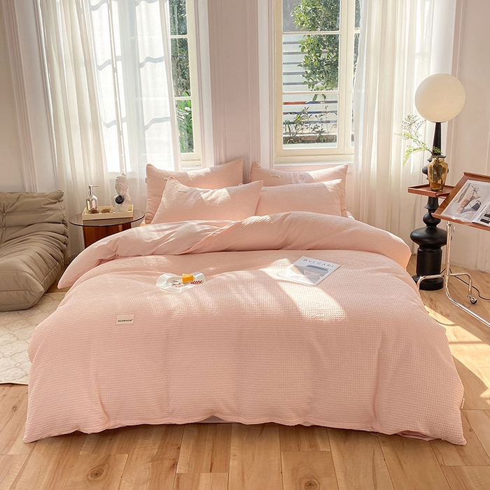 91家纺网 家纺一手货源 找家纺 眠博士2026新款简约时尚全棉华夫格四件套（提供买家秀）简约款 嫩玉粉