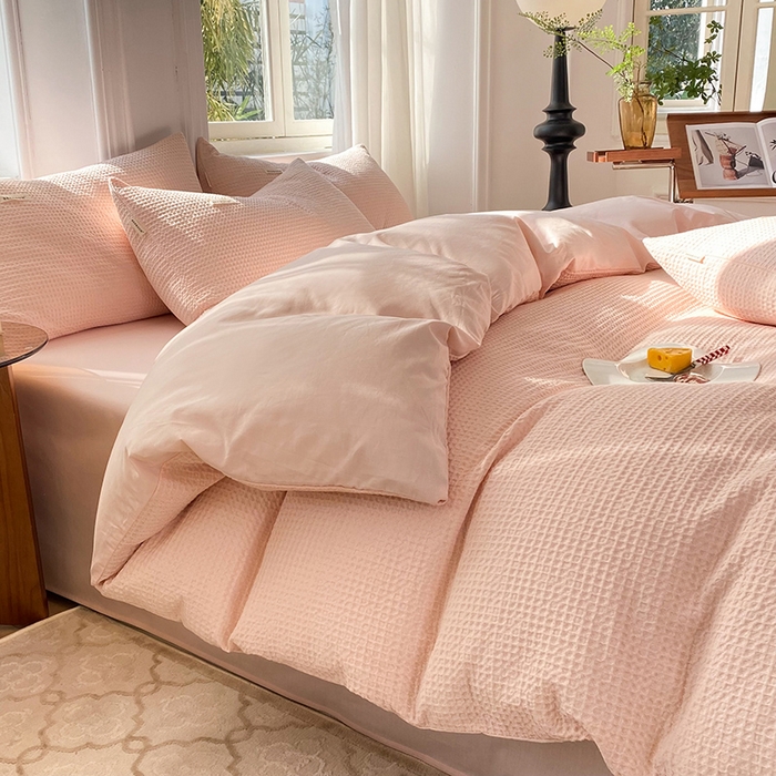 91家纺网 家纺一手货源 找家纺 眠博士2026新款简约时尚全棉华夫格四件套（提供买家秀）简约款 嫩玉粉