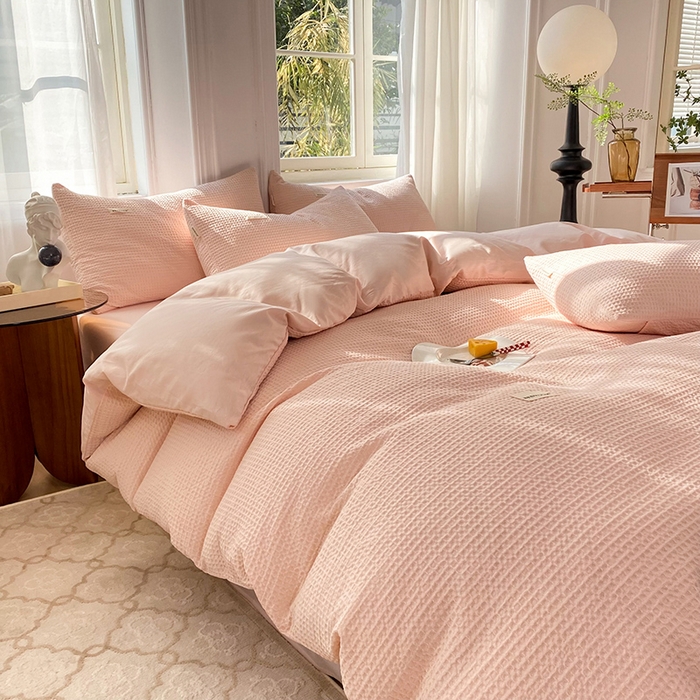 91家纺网 家纺一手货源 找家纺 眠博士2026新款简约时尚全棉华夫格四件套（提供买家秀）简约款 嫩玉粉