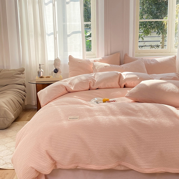 91家纺网 家纺一手货源 找家纺 眠博士2026新款简约时尚全棉华夫格四件套（提供买家秀）简约款 嫩玉粉