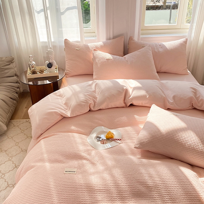 91家纺网 家纺一手货源 找家纺 眠博士2026新款简约时尚全棉华夫格四件套（提供买家秀）简约款 嫩玉粉