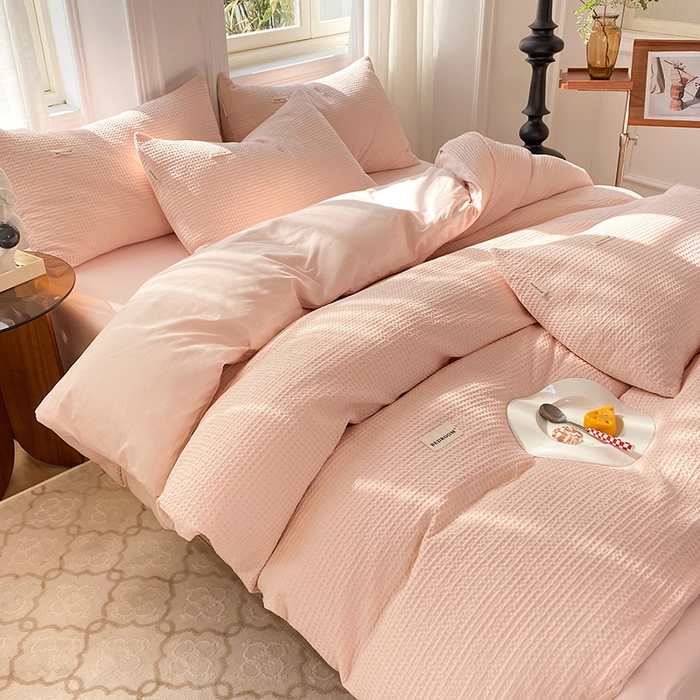 91家纺网 家纺一手货源 找家纺 眠博士2026新款简约时尚全棉华夫格四件套（提供买家秀）简约款 嫩玉粉