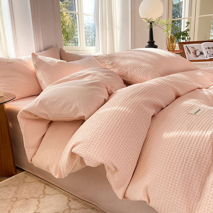 91家纺网 家纺一手货源 找家纺 眠博士2026新款简约时尚全棉华夫格四件套（提供买家秀）简约款 嫩玉粉