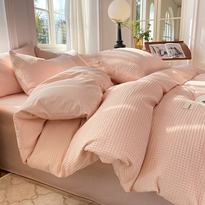 91家纺网 家纺一手货源 找家纺 眠博士2026新款简约时尚全棉华夫格四件套（提供买家秀）简约款 嫩玉粉