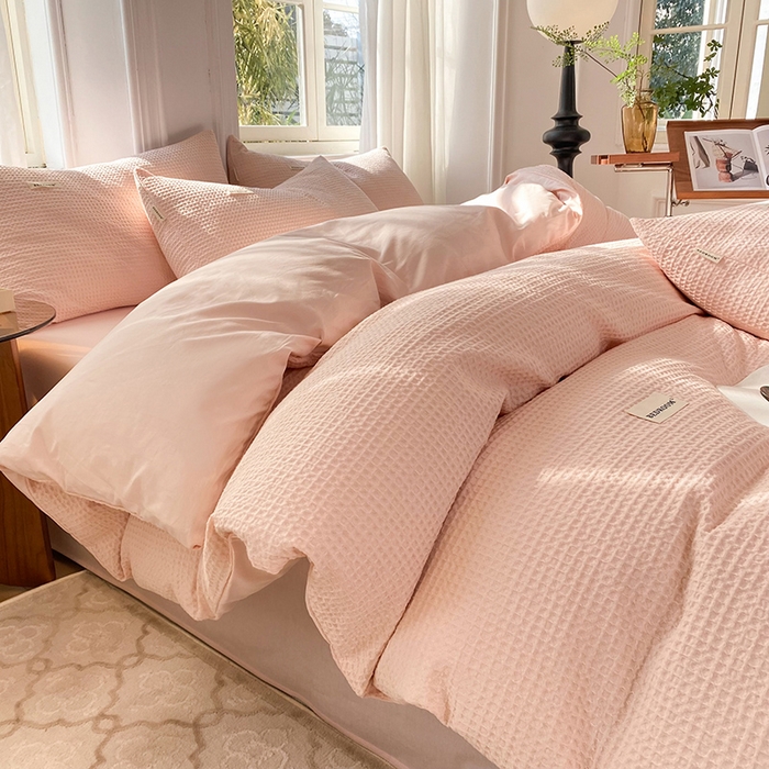 91家纺网 家纺一手货源 找家纺 眠博士2026新款简约时尚全棉华夫格四件套（提供买家秀）简约款 嫩玉粉