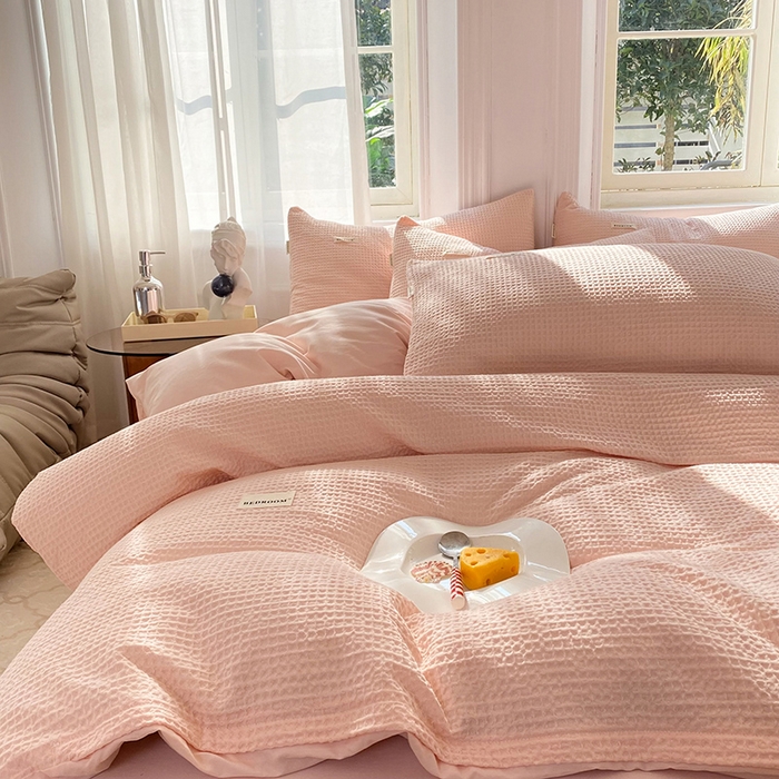 91家纺网 家纺一手货源 找家纺 眠博士2026新款简约时尚全棉华夫格四件套（提供买家秀）简约款 嫩玉粉