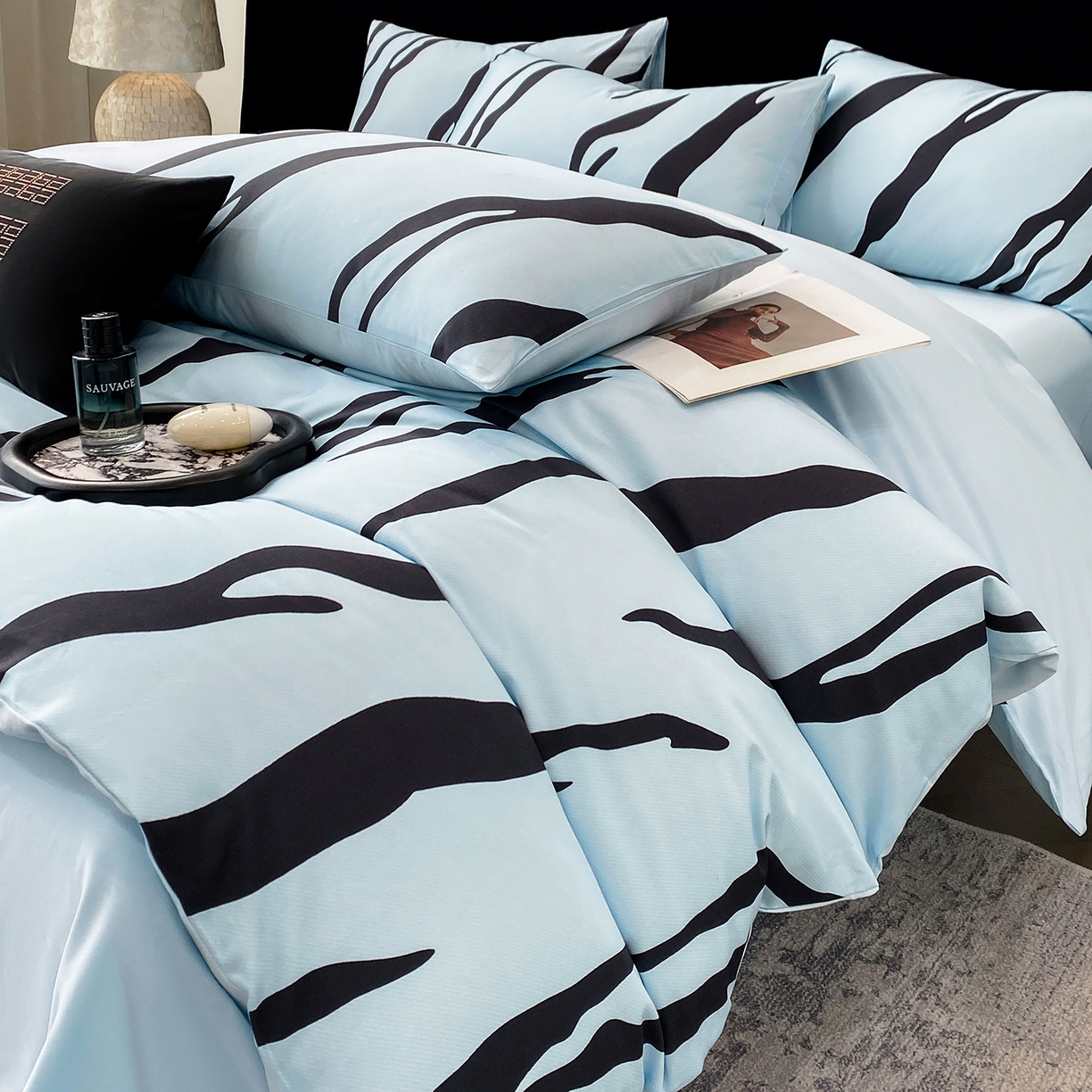 家居1号家纺 2026新款A类50双股斑马纹全活性活性数码四件套-卡森（活动券后价不得低于279） 卡森-温馨蓝