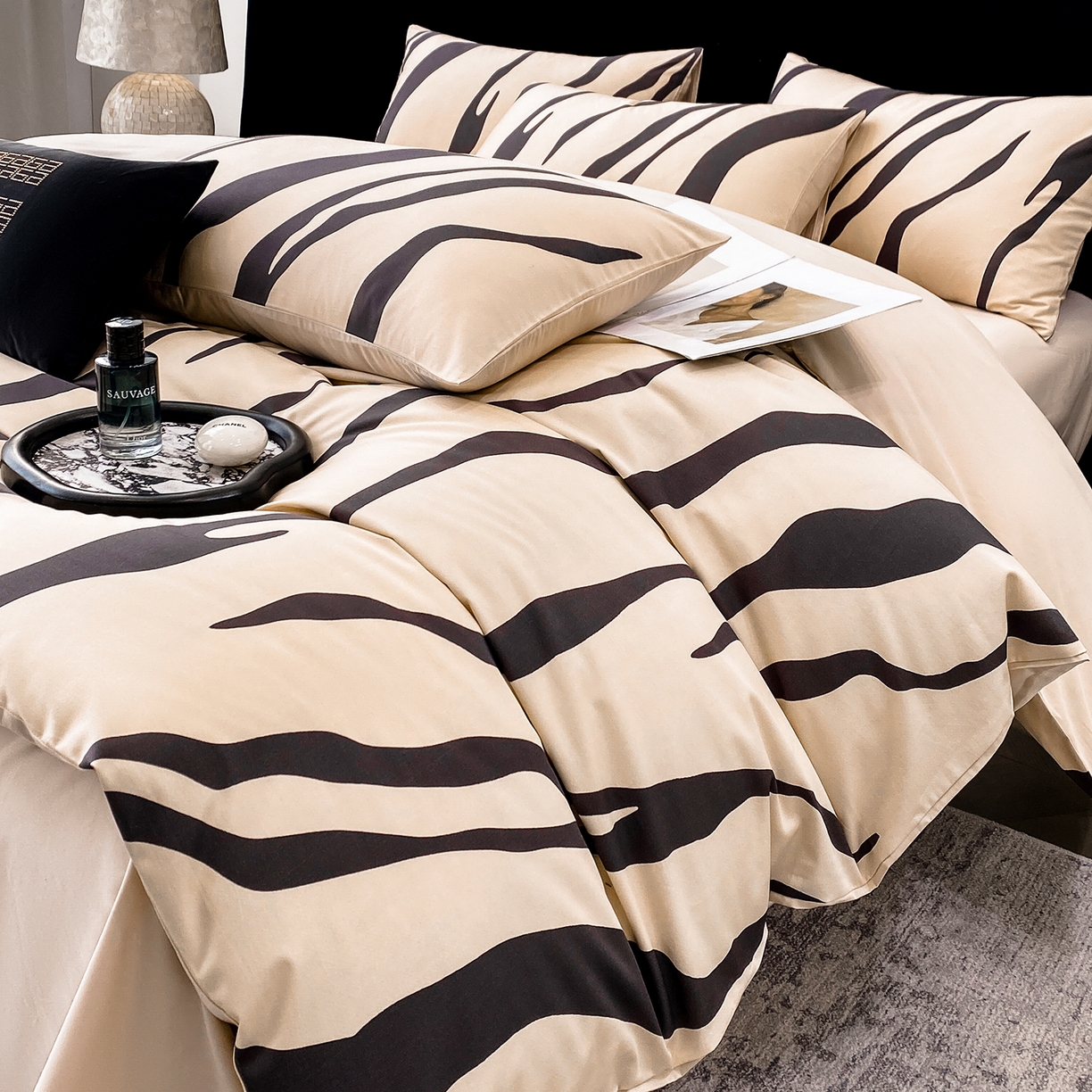 家居1号家纺 2026新款A类50双股斑马纹全活性活性数码四件套-卡森（活动券后价不得低于279） 卡森-香槟金