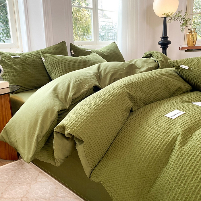 91家纺网 家纺一手货源 找家纺 眠博士2026新款简约时尚全棉华夫格四件套（提供买家秀）简约款 松绿