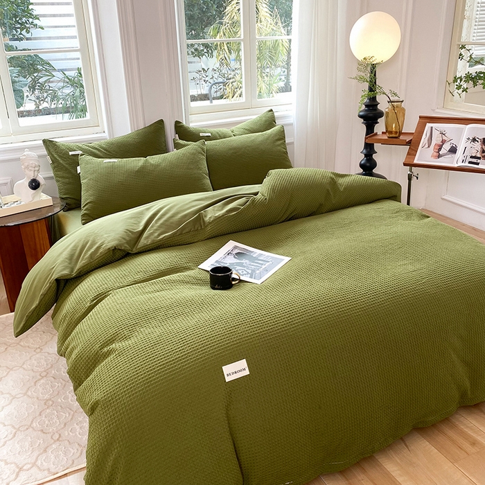 91家纺网 家纺一手货源 找家纺 眠博士2026新款简约时尚全棉华夫格四件套（提供买家秀）简约款 松绿