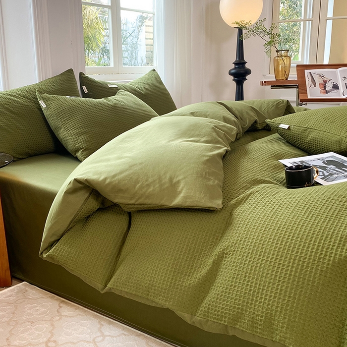 91家纺网 家纺一手货源 找家纺 眠博士2026新款简约时尚全棉华夫格四件套（提供买家秀）简约款 松绿