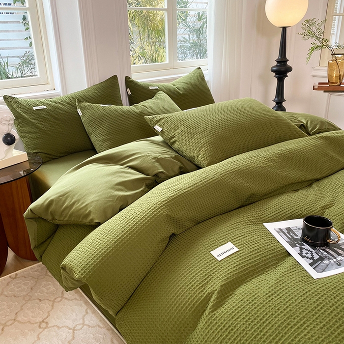 91家纺网 家纺一手货源 找家纺 眠博士2026新款简约时尚全棉华夫格四件套（提供买家秀）简约款 松绿