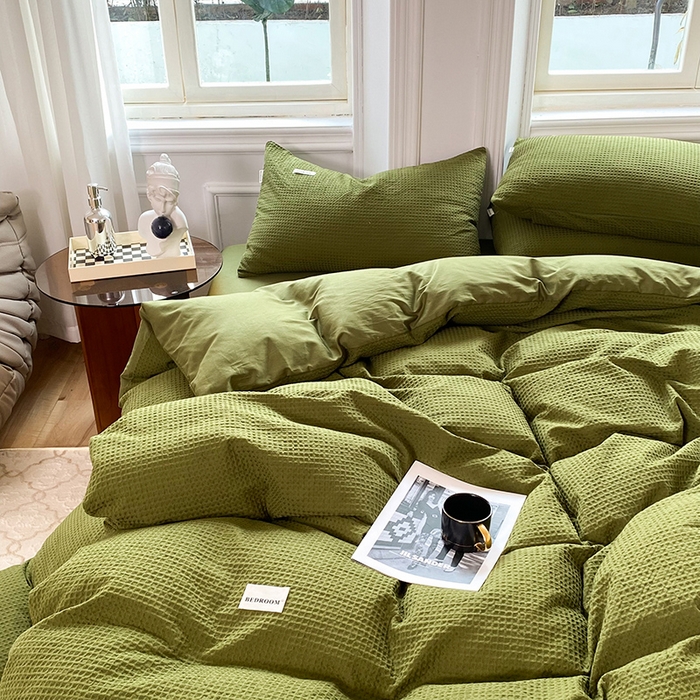 91家纺网 家纺一手货源 找家纺 眠博士2026新款简约时尚全棉华夫格四件套（提供买家秀）简约款 松绿